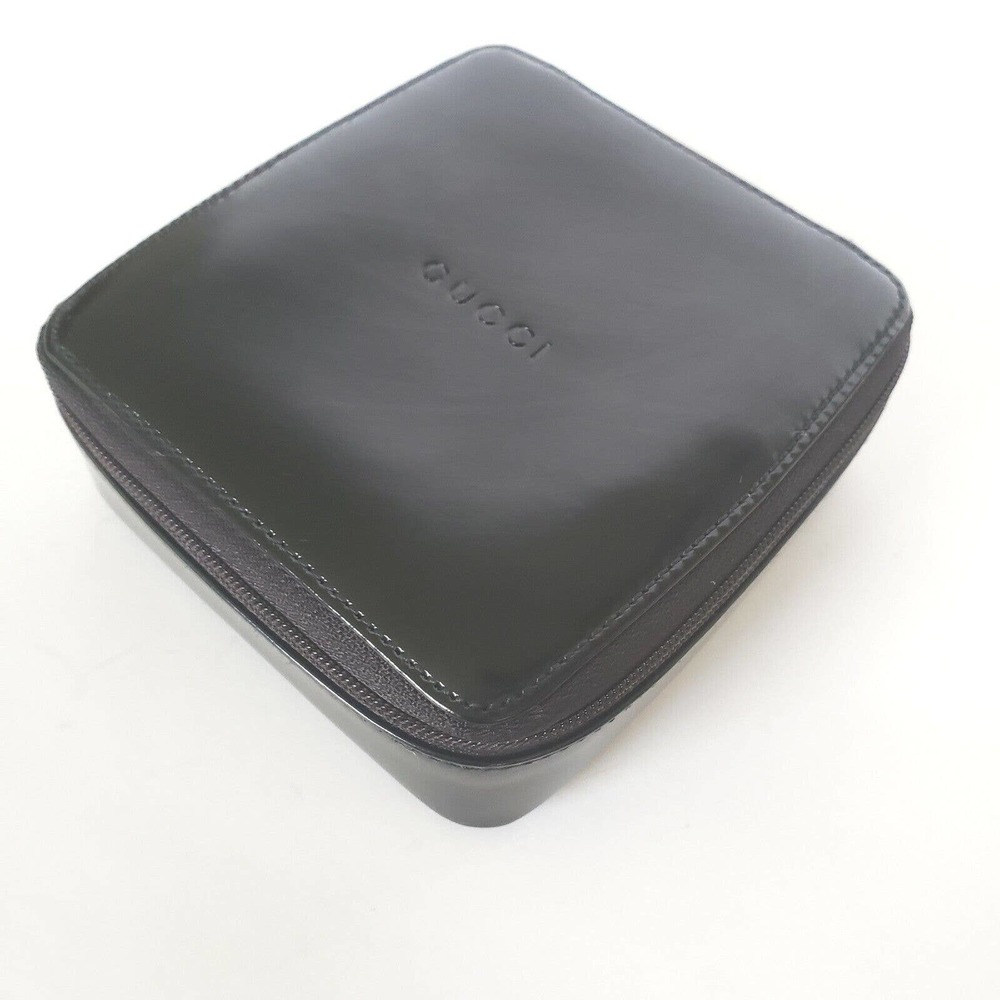 Gucci Black Smooth Leather Square Case Cosmetic Bag Pouch Zip Around 4x5" - Picture 1 of 11